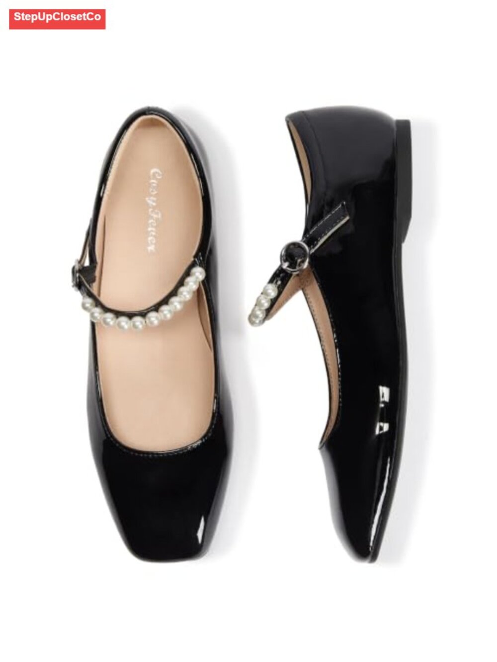 Pearl Strap Mary Jane Flats Square Toe Wedding Party
